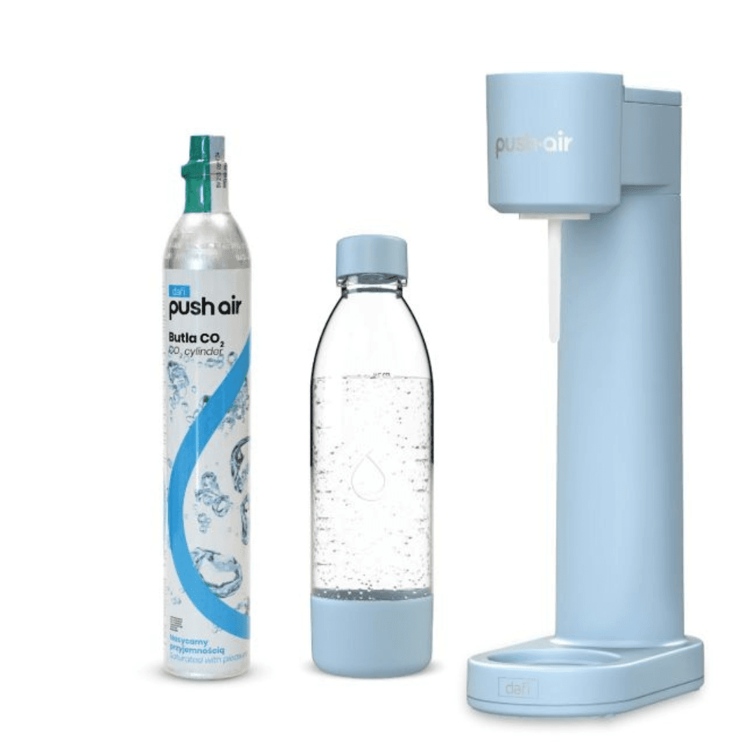 Saturatore d'acqua PUSHAIR di Dafi - Azure + Cartuccia di CO2 + Bottiglia 0.7 L