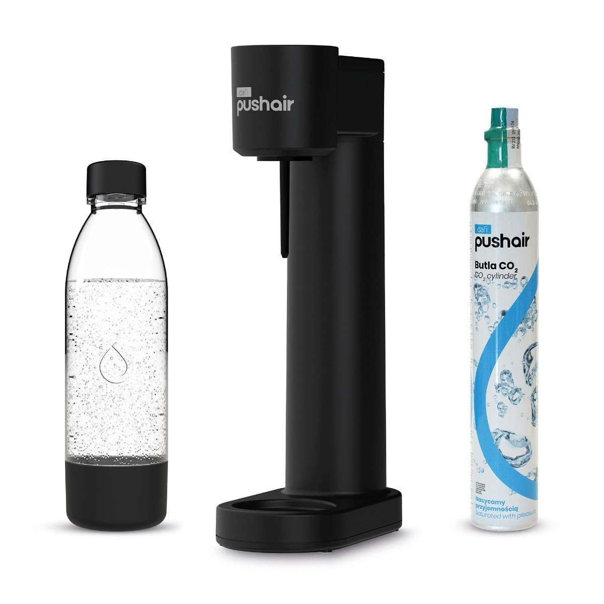 Saturatore d'acqua Dafi PUSHAIR nero con sifone + cartuccia di CO2 + bottiglia da 0,7 L